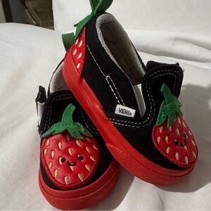 Vans Kids Black Slip-On Sneakers with Red Strawberry Appliqués